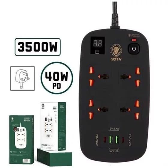 چند راهی برق و هاب شارژر فست گرین لاین Green Lion Power Socket 3M 3500W 40W GNPS2PDBK (ارسال رایگان) — تصویر ۲