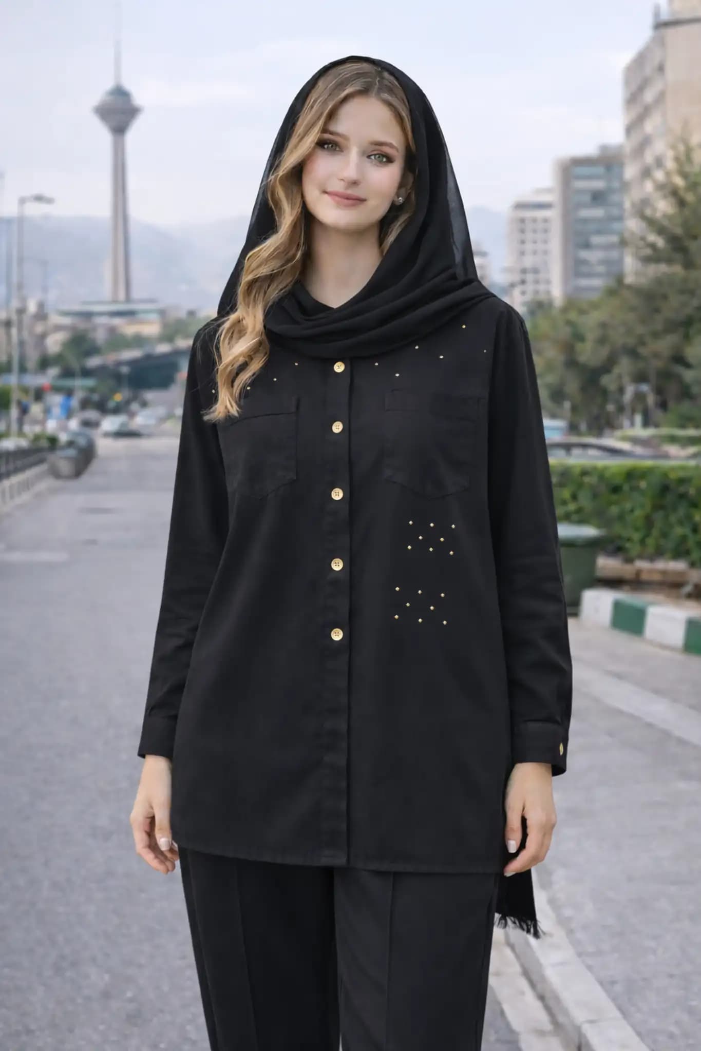 ست مانتو شلوار زنانه مشکی مروارید دوزی