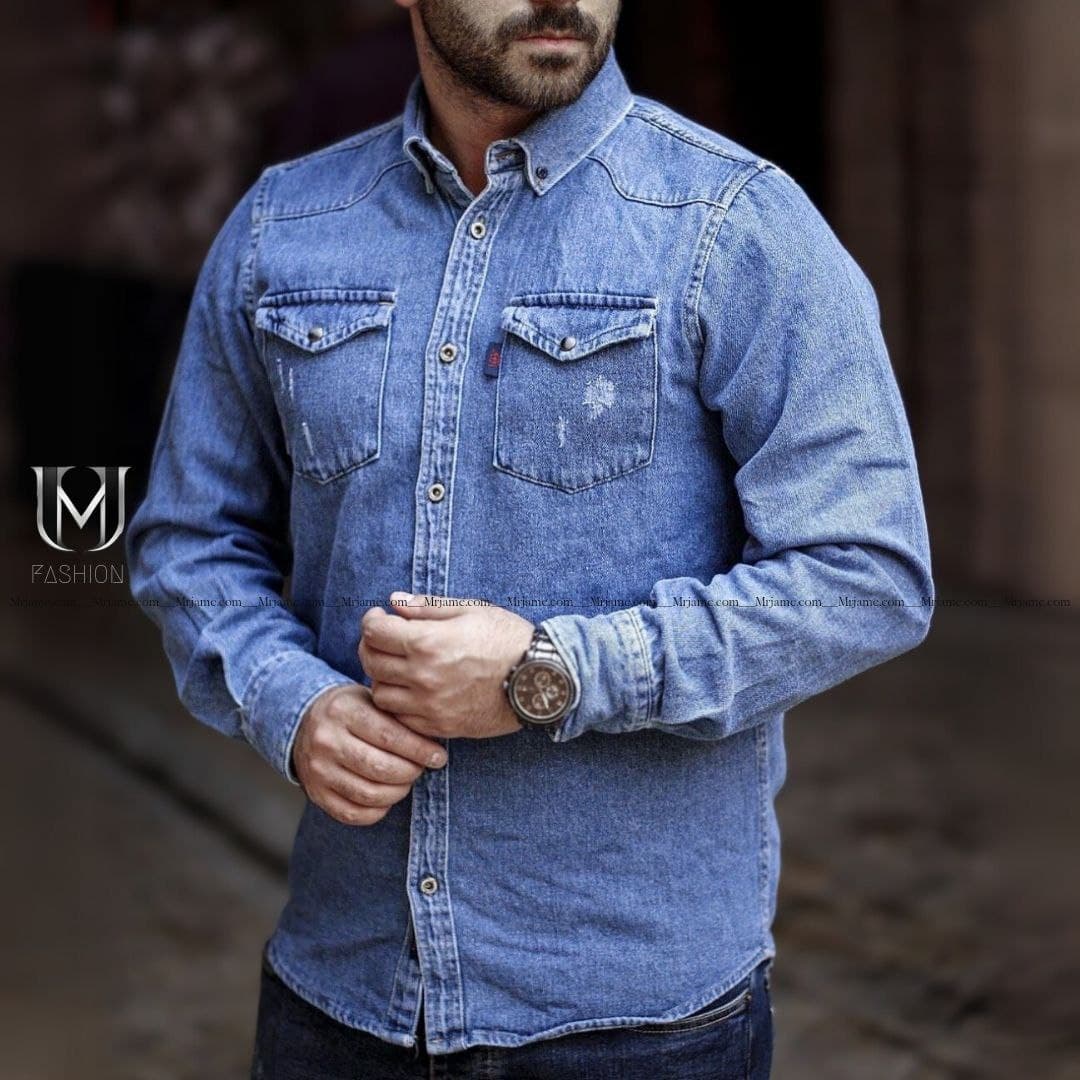 پیراهن جین ابی دوجیب پارچه ترک