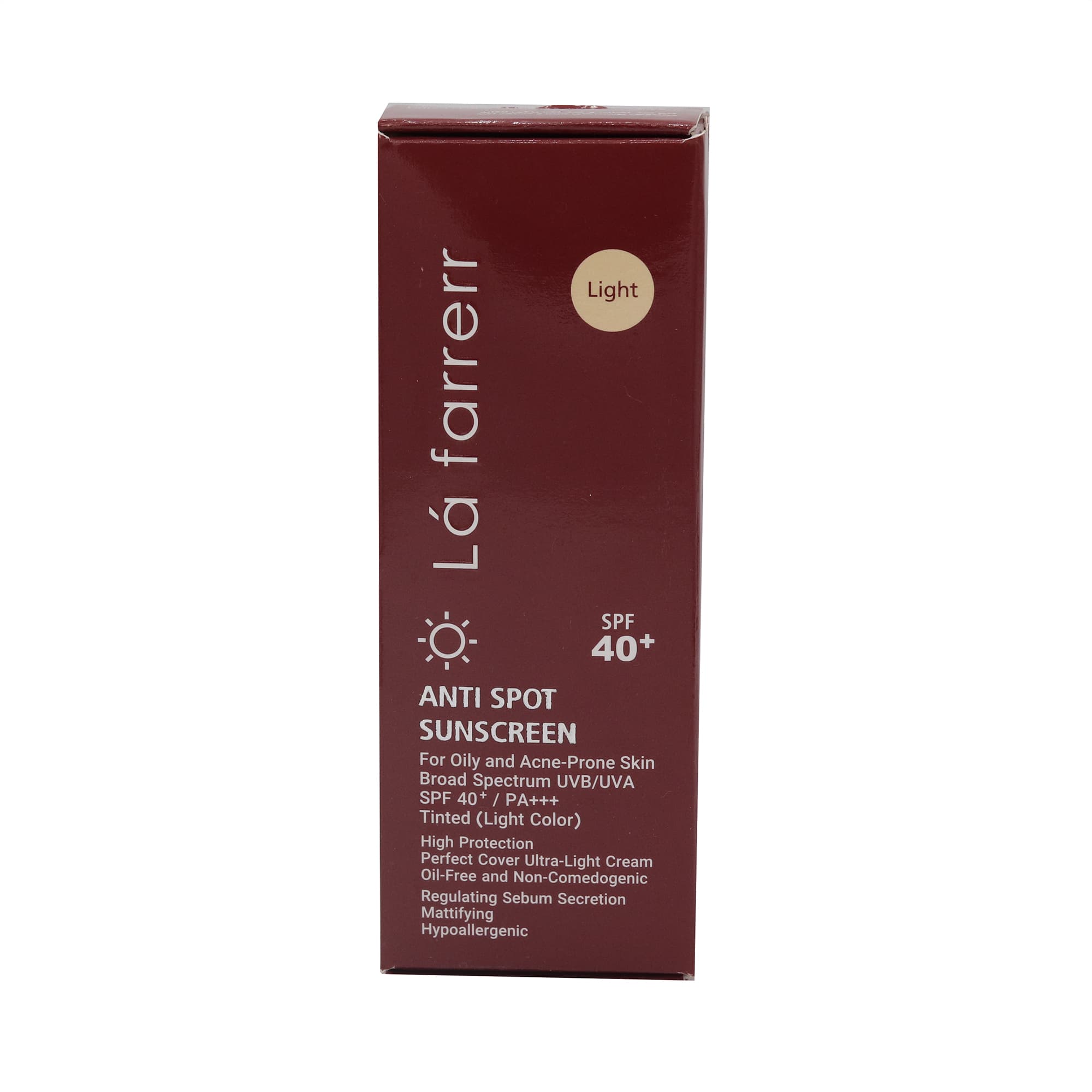 کرم ضدآفتاب رنگی لافارر SPF40 مناسب پوست چرب و مختلط رنگ لایت حجم 40 میل