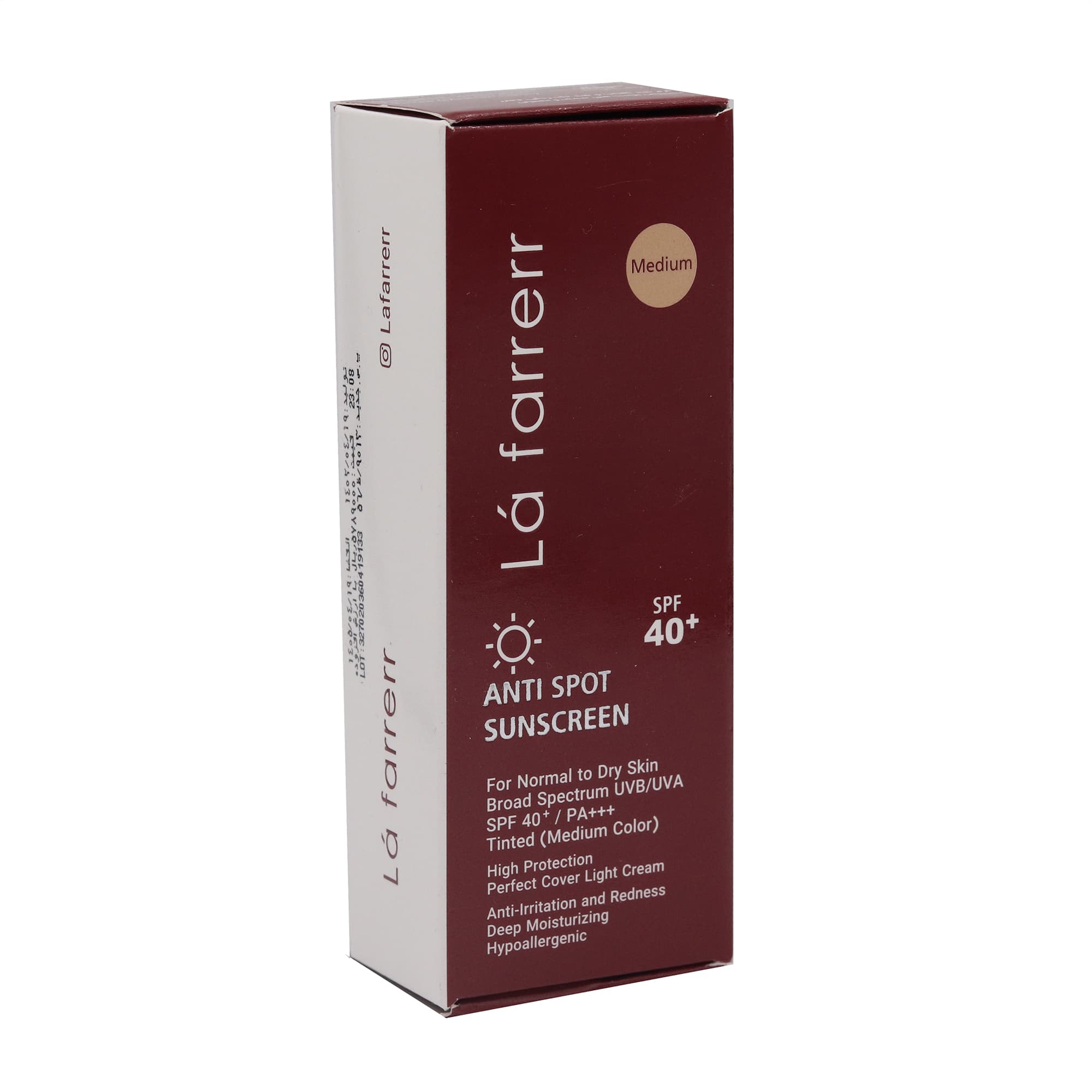 کرم ضدآفتاب رنگی لافارر Spf40 مناسب پوست خشک و معمولی رنگ مدیوم حجم 40 میل