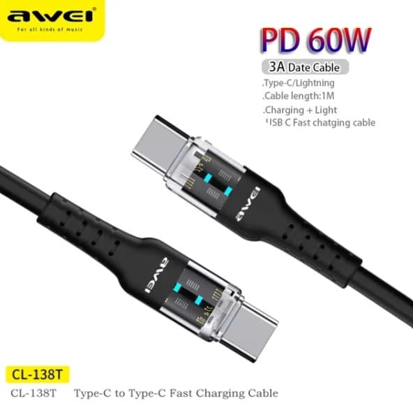 کابل شارژ و انتقال دیتای USB-C به Type-C اوی مدل CL-138T