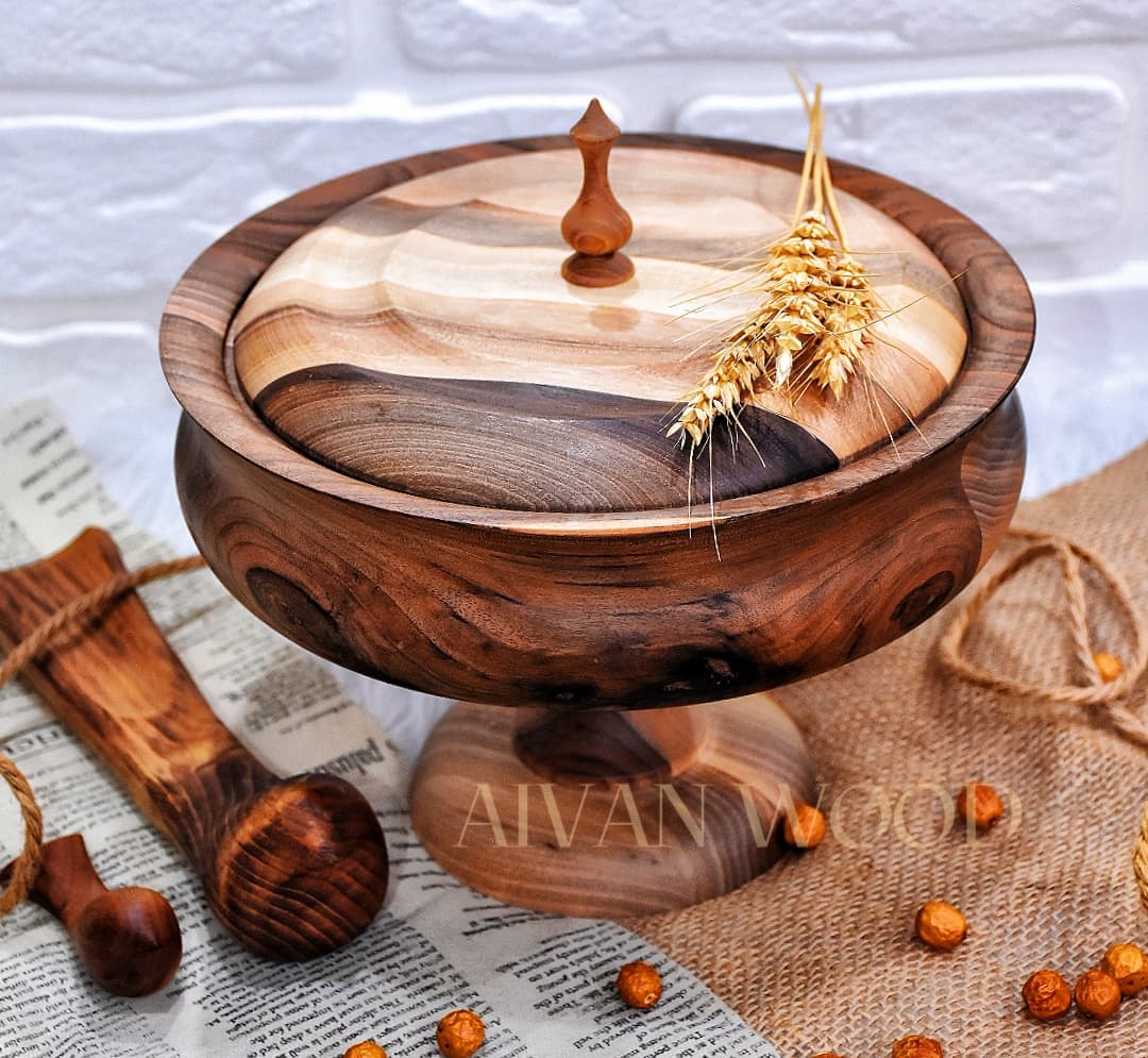آجیل خوری پایه دار چوبی خراطی مدل کمرباریک قطر ۲۵ سانت