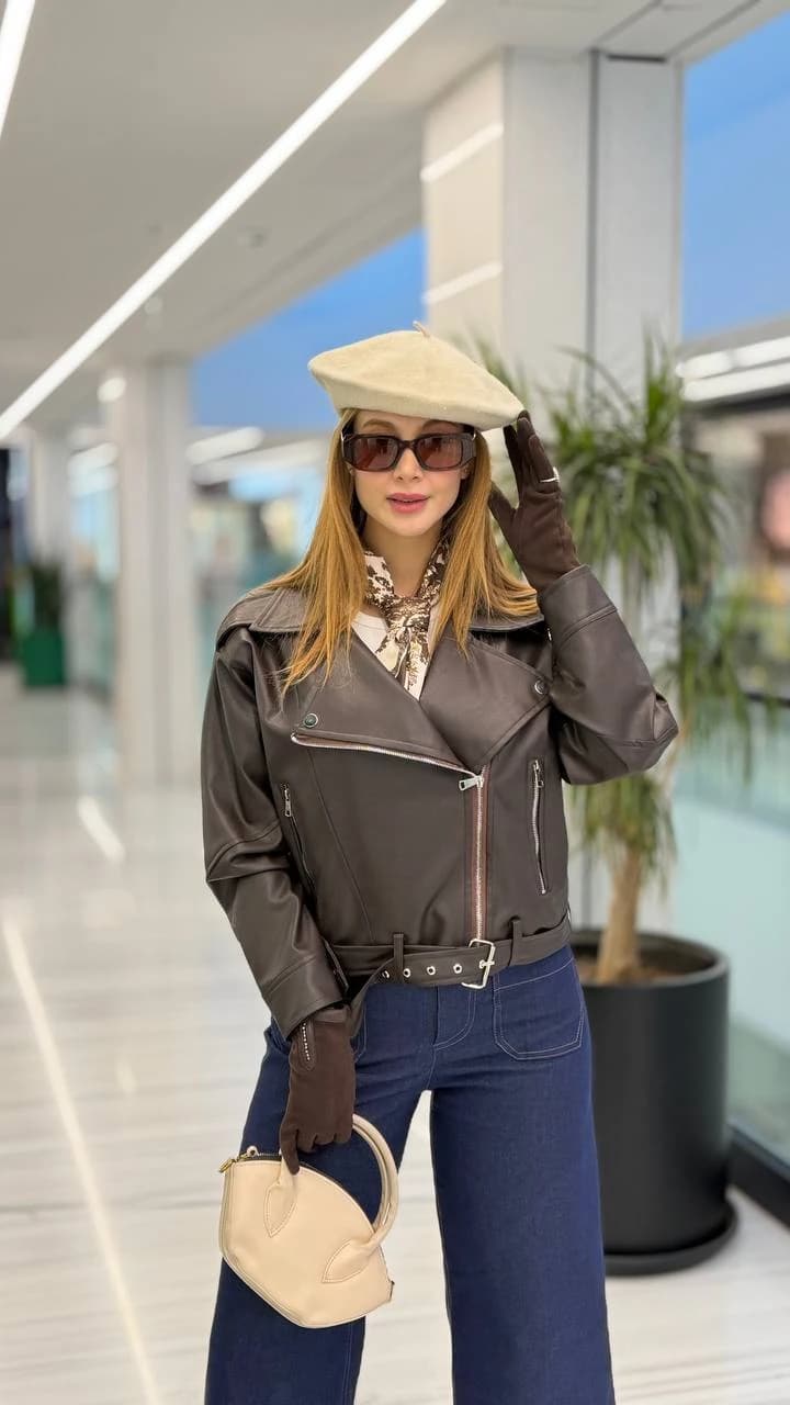 لورن کت چرم زیپ و کمربند دار — تصویر ۳