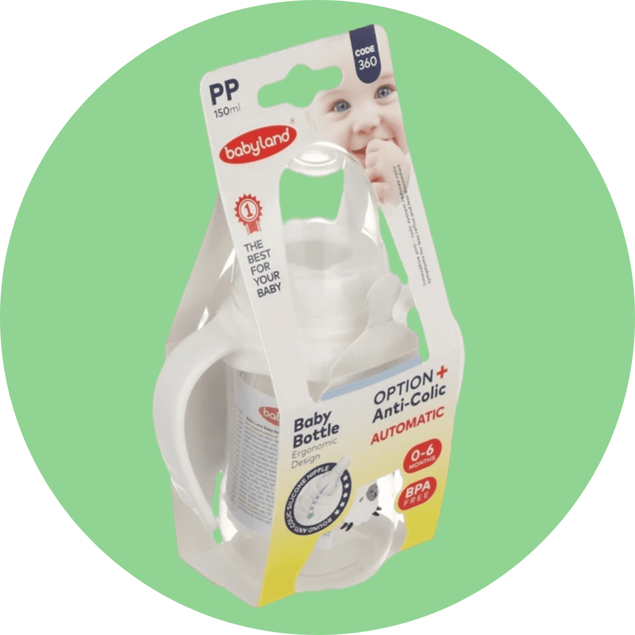 شیشه شیر ضد نفخ بیبی لند کد 360 حجم ۱۵۰ میلی لیتر/Babyland anti-colic bottle, code 360, volume 150 ml