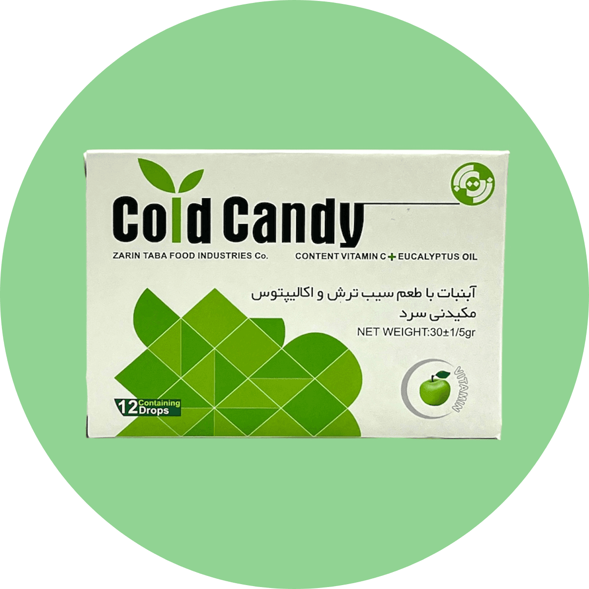 آبنبات سرد مکیدنی کندی کلد زرین تابا با اسانس سیب ترش و اکالیپتوس /Zarin Taba Candy Cold Lollipops 12 pcs