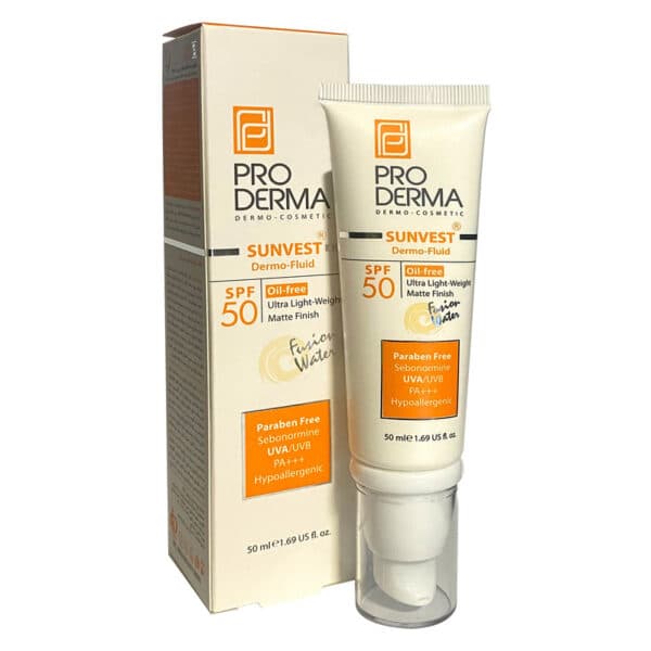 فلوئید ضد آفتاب فاقد چربی با spf50مناسب برای پوست های معمولی تا چرب و جوشدار پرودرما