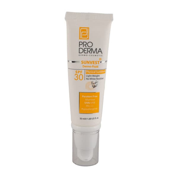 فلویید ضد آفتاب فیزیکال (مینرال) بی رنگ پرودرما با SPF30 فاقد جاذب های شیمیایی مناسب برای پوست های معمولی و حساس حجم 50 میلی لیتر — تصویر ۲