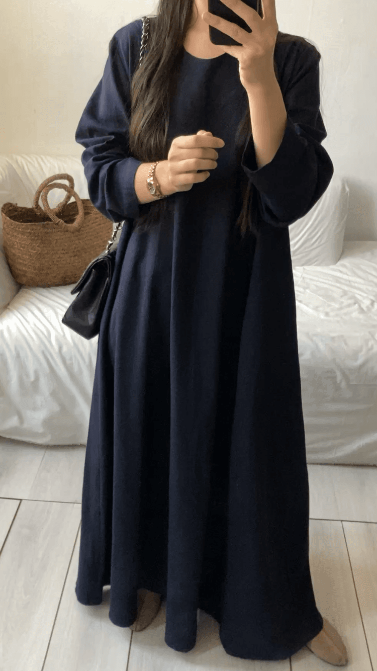 پیراهن لینن جیب دار رنگ سورمه ای