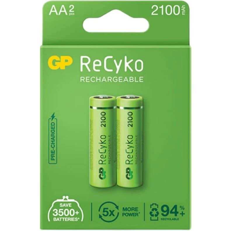 باتری قلمی قابل شارژ جی پی مدل Recyko 2100 mAh بسته دو عددی