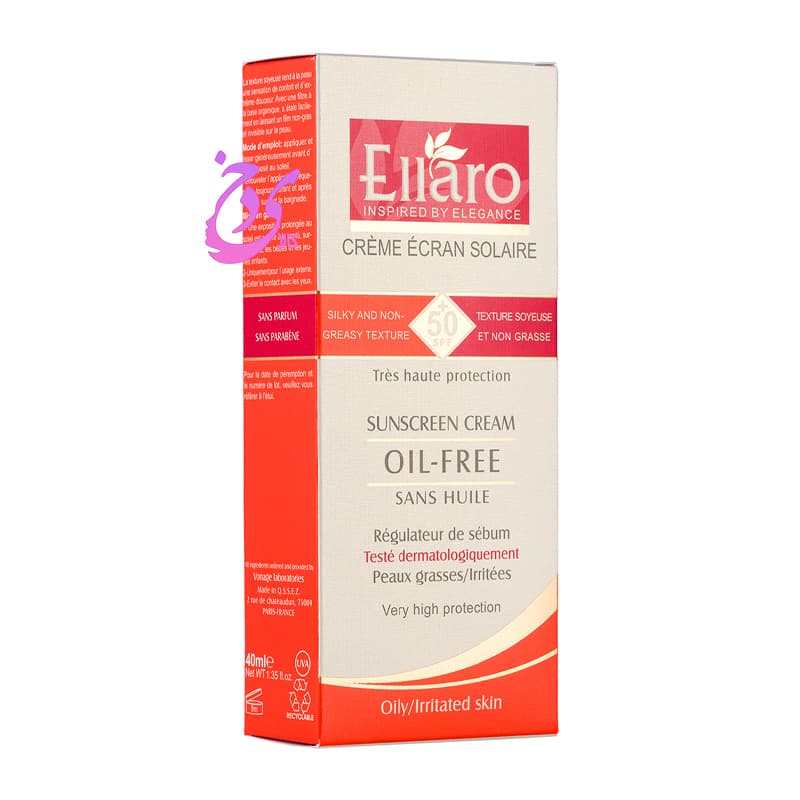کرم ضد آفتاب فاقد چربی SPF 50 الارو مناسب پوست چرب و جوش ‎دار بی رنگ Ellaro Sunscreen Cream SPF50 Oil Free