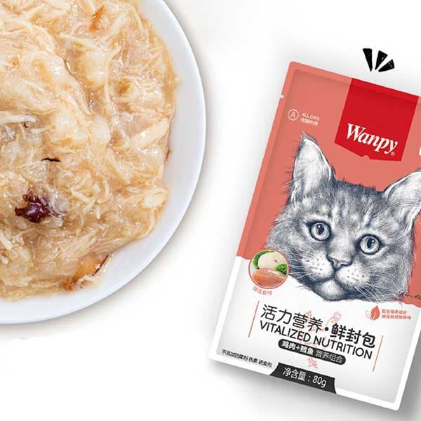 پوچ گربه بالغ ونپی مرغ و ماهی کاد Wanpy وزن 80 گرم — تصویر ۳
