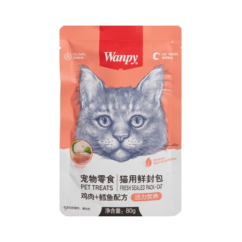 پوچ گربه بالغ ونپی مرغ و ماهی کاد Wanpy وزن 80 گرم — تصویر ۲