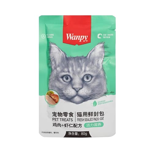 پوچ گربه بالغ ونپی مرغ و میگو Wanpy وزن 80 گرم