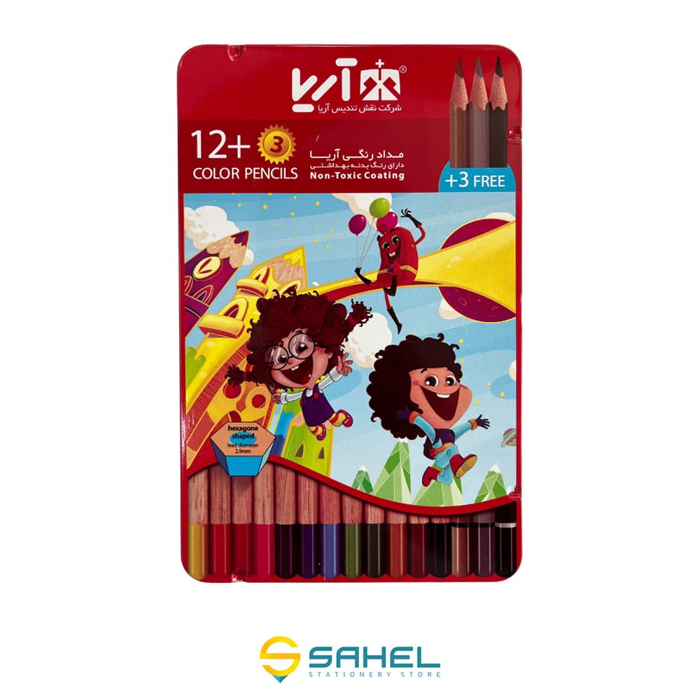 مداد 3+12 رنگ جعبه فلزی آریا