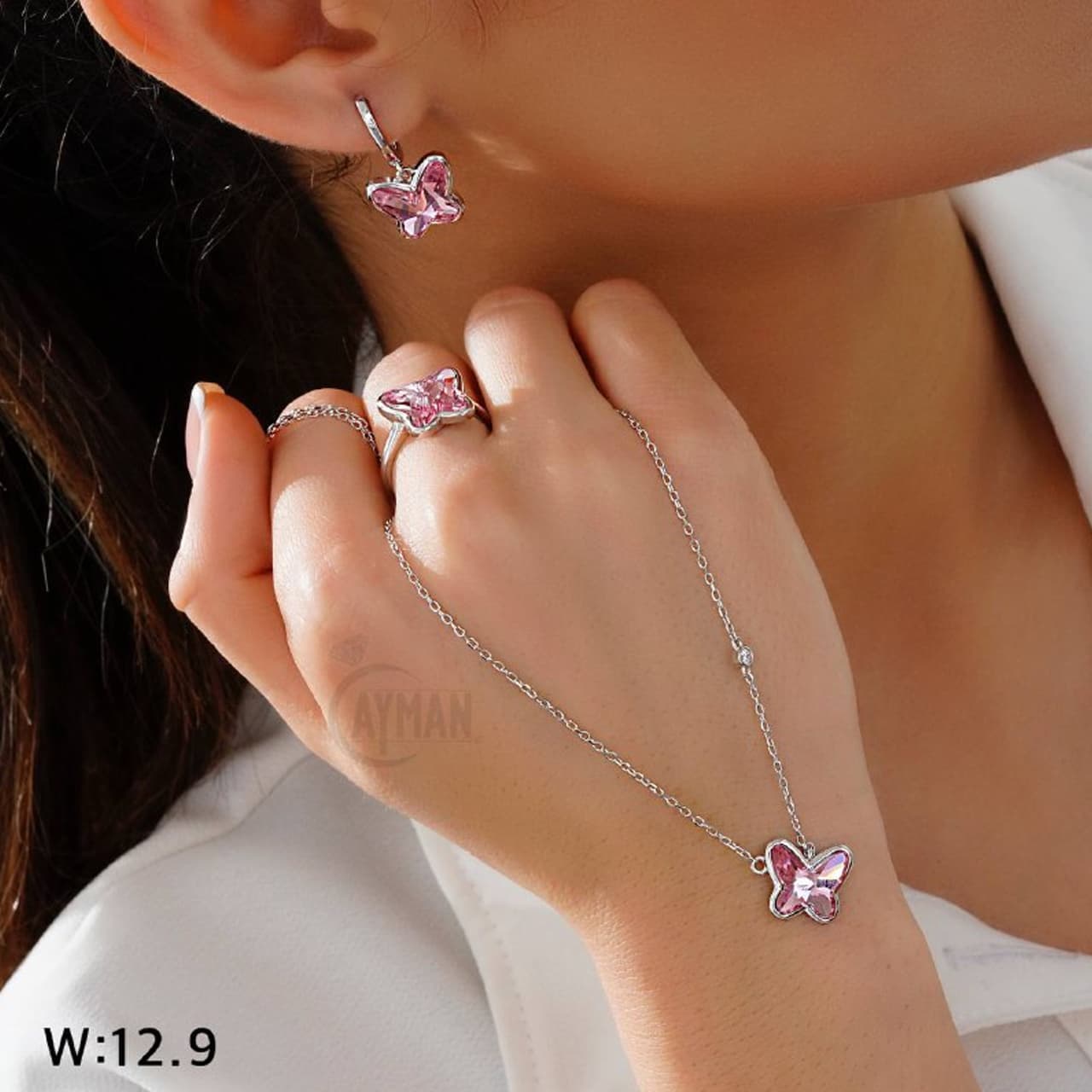 نیمست نقره جواهری طرح پروانه صورتی کد TA68850