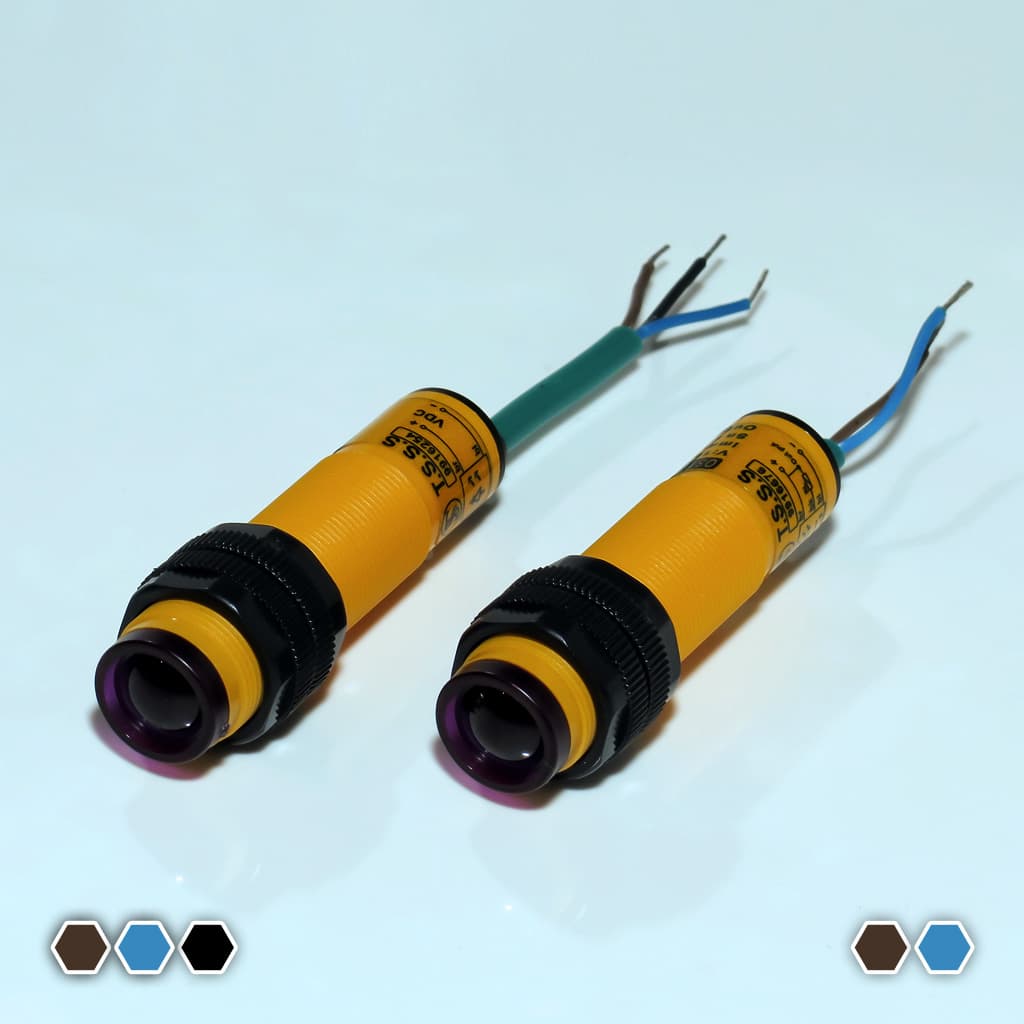 سنسور نوری دو طرفه تبریز سنسور، PNP-NC-NO، قطر 18mm، چهار سیمه، فاصله تشخیص 1000cm، کد OS1810000-P