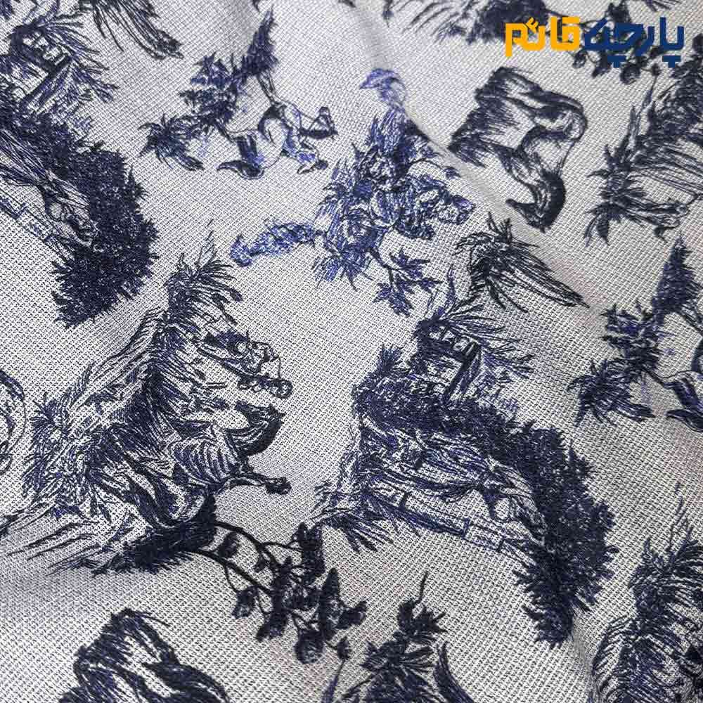 پارچه شانتون بیسکوییتی طرحدار زمینه طوسی روشن طرح سرمه ای خاص عرض 150 کد 13648 — تصویر ۳