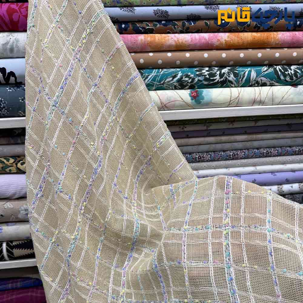 پارچه مجلسی تور کتان طرح بنکا رنک کرم لیمویی عرض 150 کد 13483