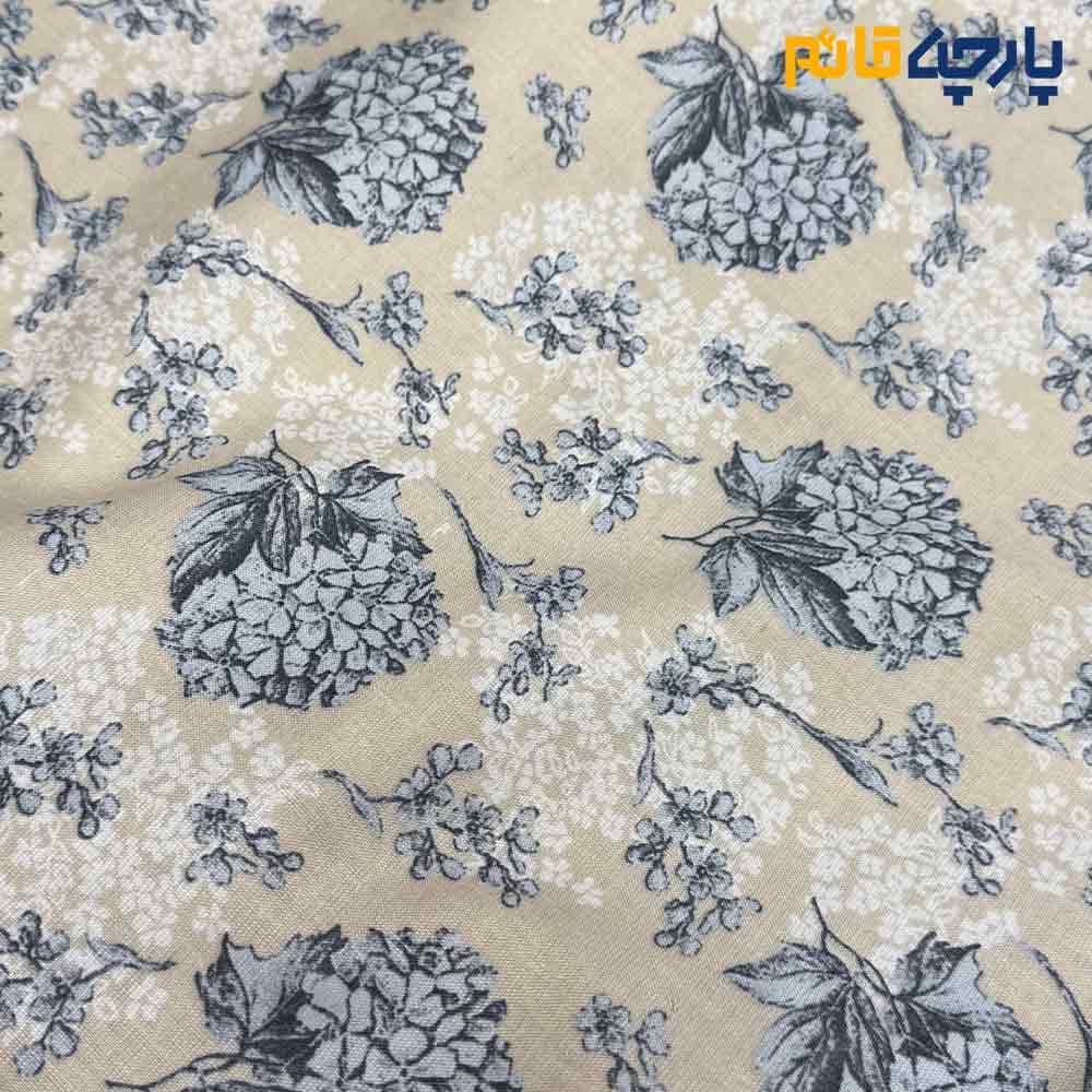 پارچه بهاره تابستانه لینن طرحدار کره ای زمینه کرم لیمویی طرح طوسی کد11246 — تصویر ۳