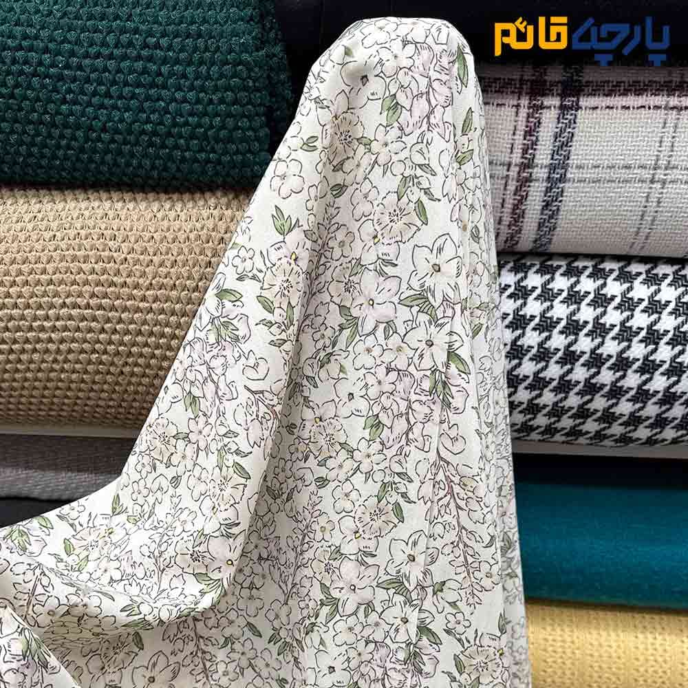پارچه بهاره و تابستانه کرپ نخ طرحدار گل متوسط رنگی زمینه کرم روشن بژ کد10091