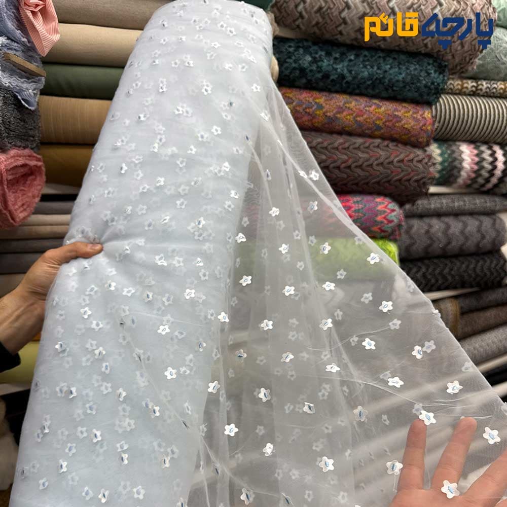 پارچه مجلسی دانتل آبی آسمانی روشن طرح برجسته ریز کد10041