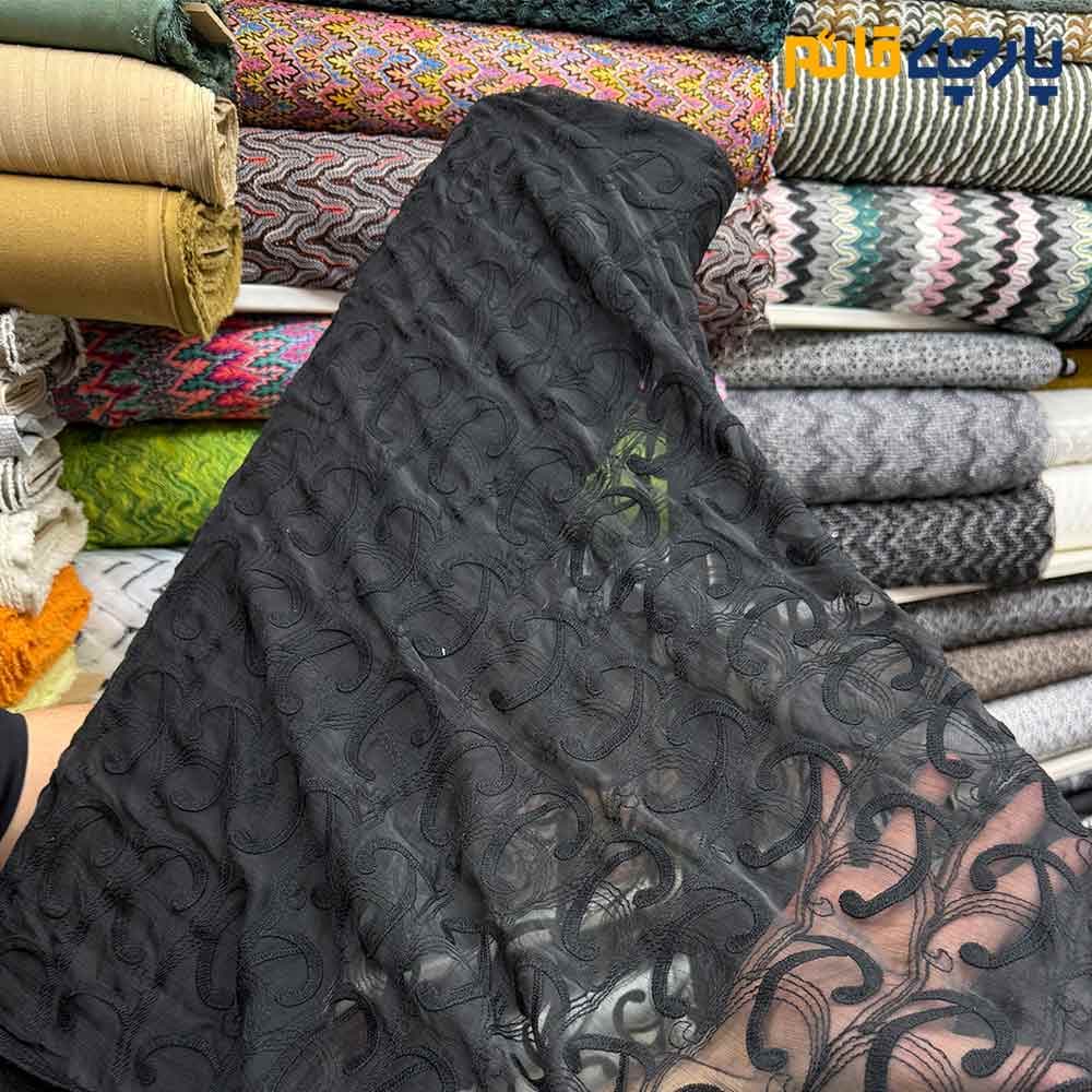 پارچه مجلسی تور کتان کره ای مشکی طرح کروی متوسط کد10006