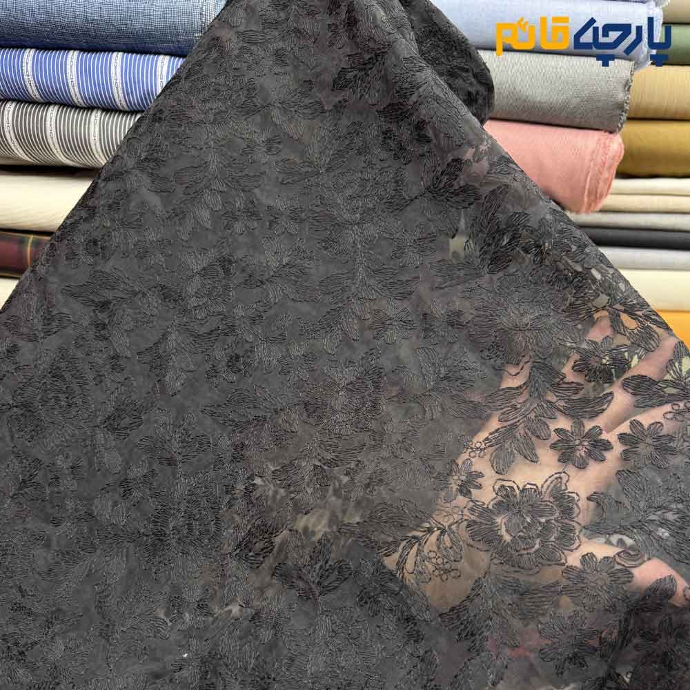 پارچه مجلسی تور کتان ایتالیایی گل هشتی خاص رنگ مشکی کد9650
