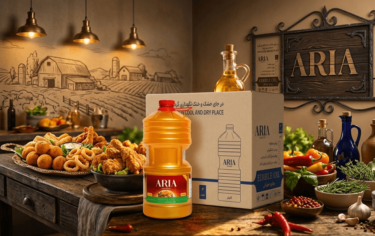 طراحی بسته‌بندی و هویت بصری روغن نباتی آریا 5 لیتر(ARIA)