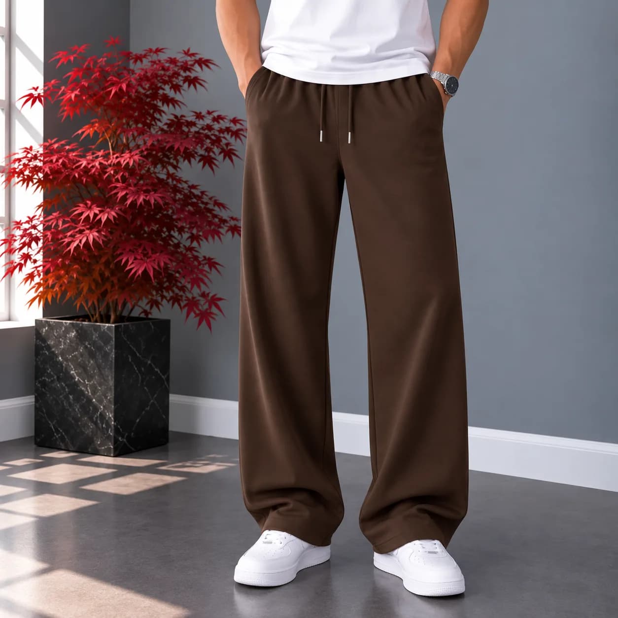 شلوار پارچه ای لایوسل طبیعی قواره slim fit / قد 110 / قهوه ای سوخته — تصویر ۲