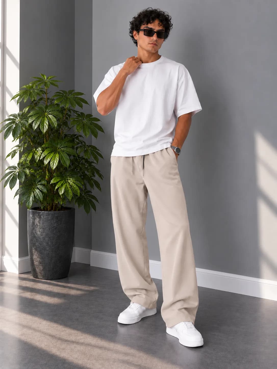 شلوار پارچه ای لایوسل طبیعی قواره slim fit / قد 110 / رنگ خاکی — تصویر ۳