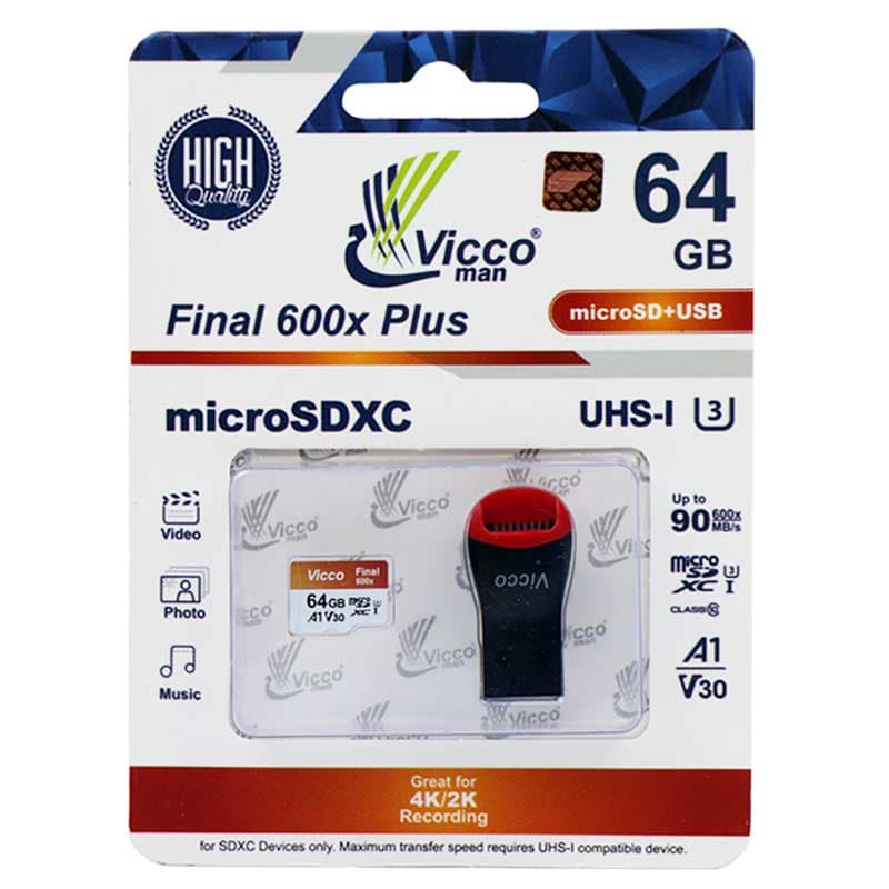 رم میکرو 64 گیگ ویکومن Vicco Final 600x Plus A1 V30 U3 C10 90MB/s + رم ریدر