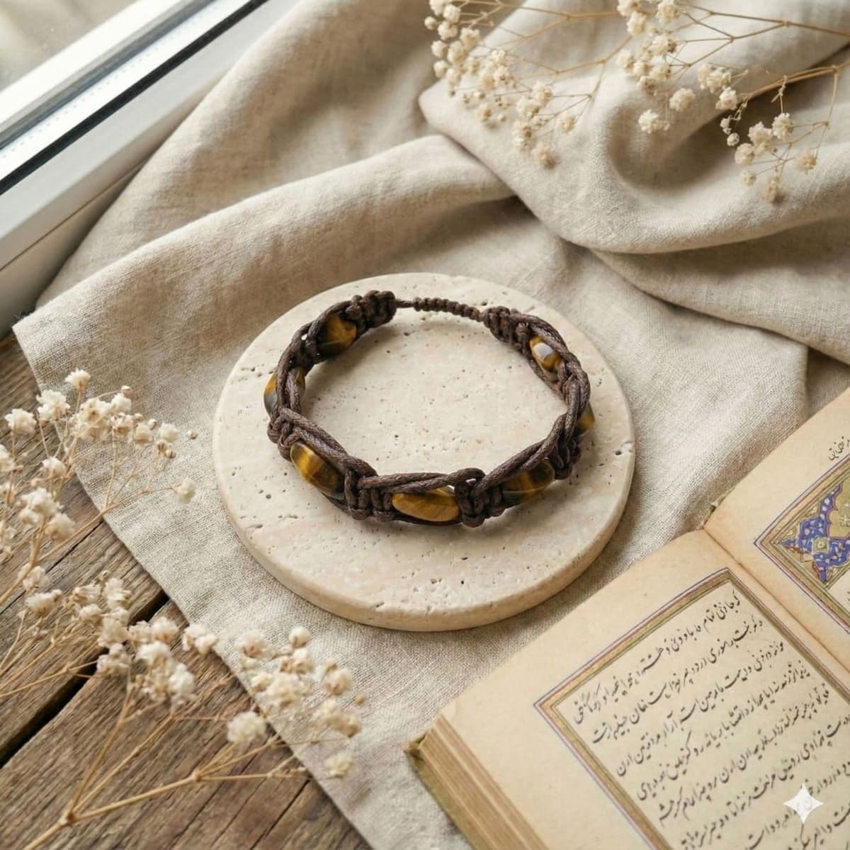 دستبند سنگ چشم ببر اصل تراش پیچ (اسپرت مردانه و زنانه) – بافت چرمی قابل تنظیم