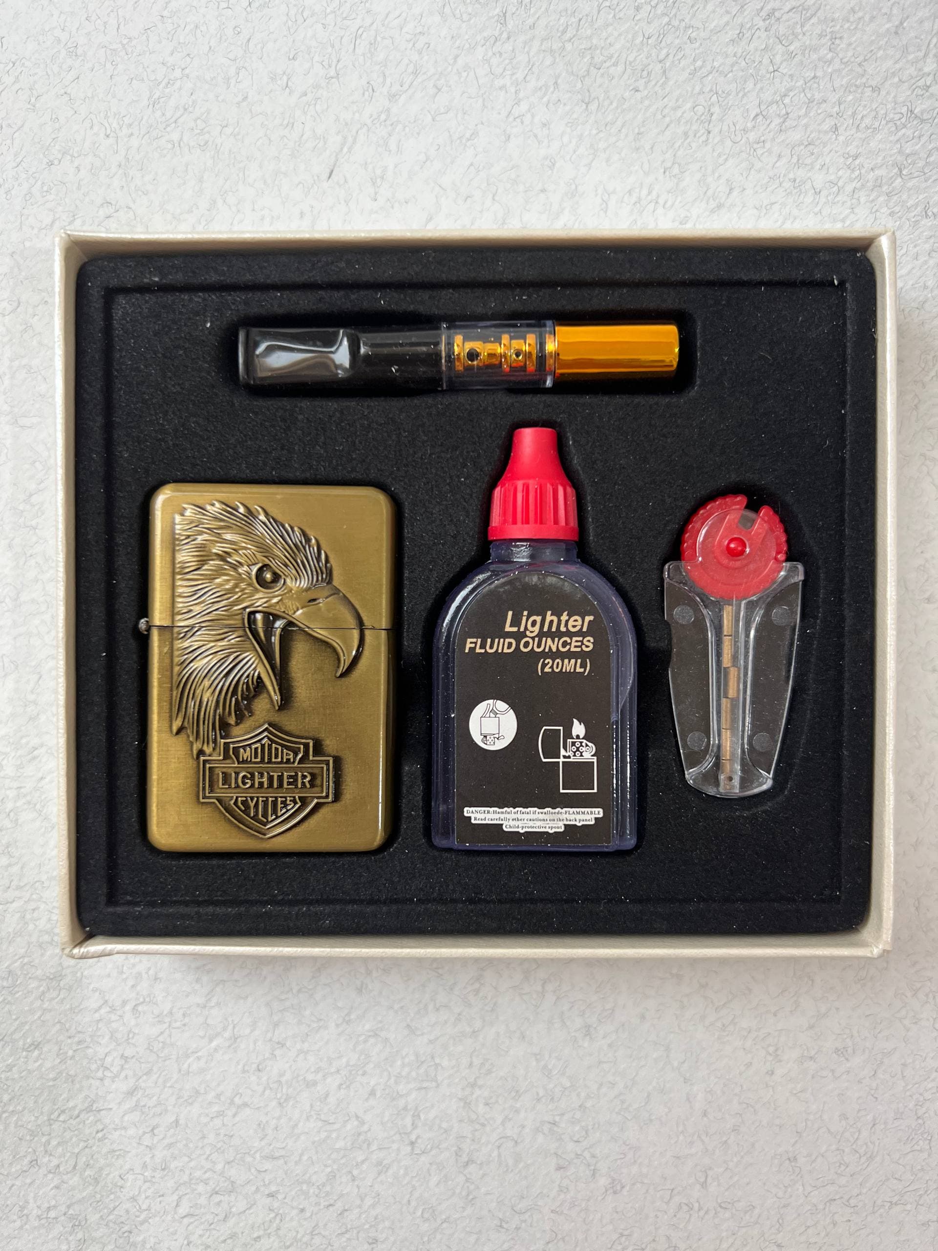 پک هدیه ۴ تکه فندک بنزینی لایتر (LIGHTER) طرح عقاب هارلی دیویدسون برنزی با چوب سیگار و بنزین