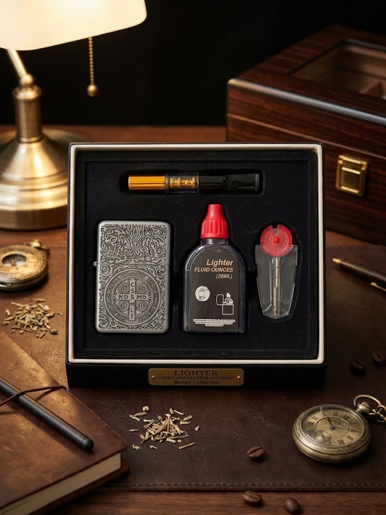 پک هدیه ۴ تکه فندک بنزینی لایتر (LIGHTER) طرح کنستانتین نقره‌ای با چوب سیگار و بنزین