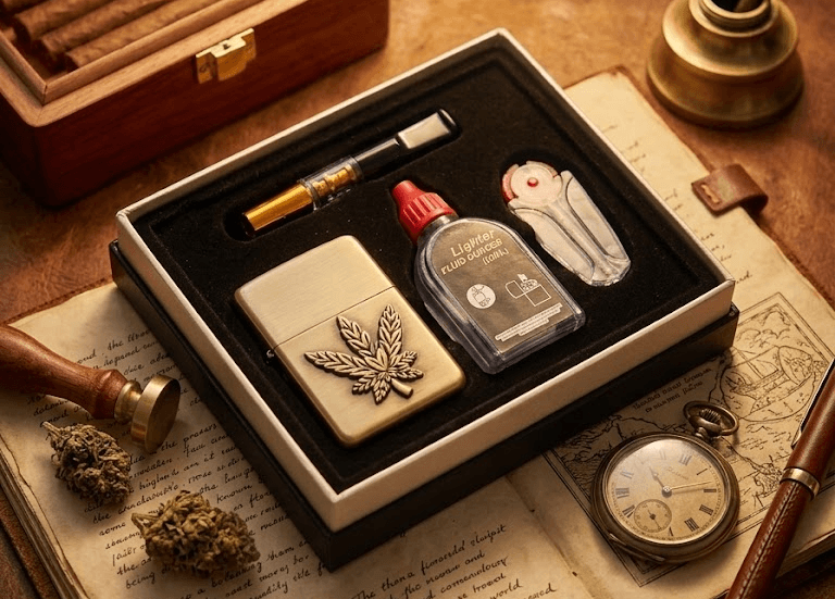 پک هدیه ۴ تکه فندک بنزینی طرح زیپو لایتر (LIGHTER) طرح برگ برجسته با چوب سیگار و بنزین در دو رنگ