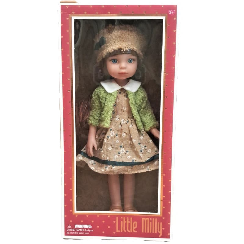 عروسک Little Milly پیراهن گل دار نسکافه ای و کت سبز کد 91071