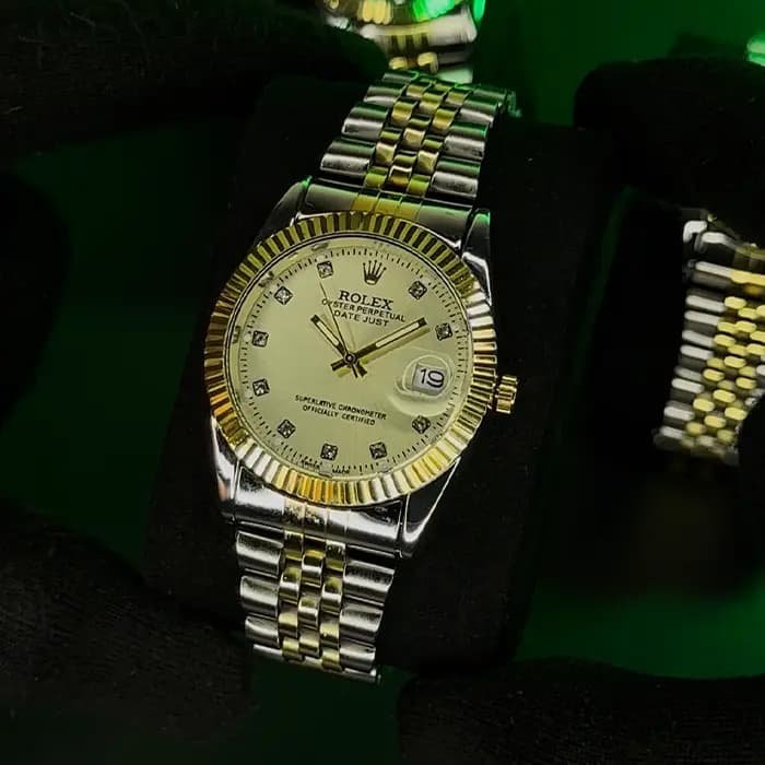 ساعت رولکس مردانه دورنگ صفحه طلایی | Rolex