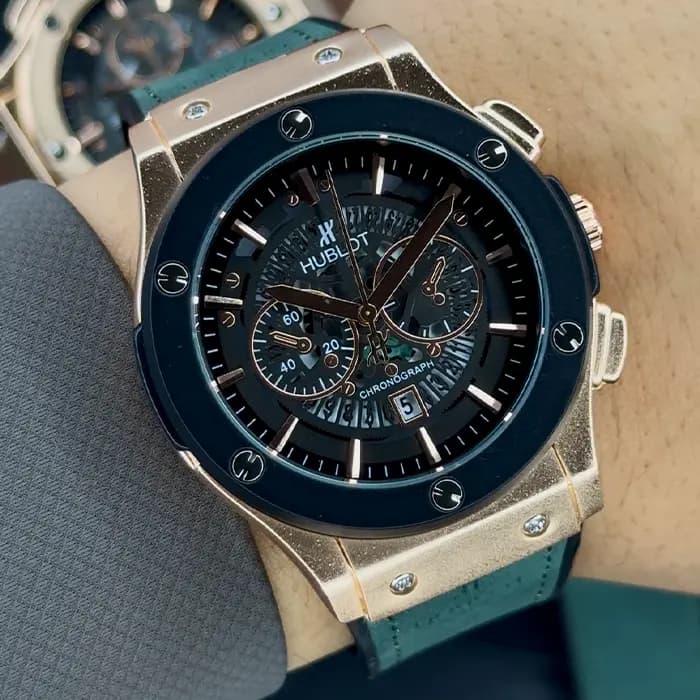 ساعت هابلوت مردانه طلایی مشکی بند سبز| HUBLOT