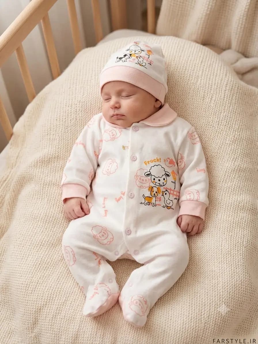 سرهمی نوزادی نخی دکمه دار طرح بره و جوجه مدل Little Lamb رنگ صورتی (سایز 0 تا 6 ماه)