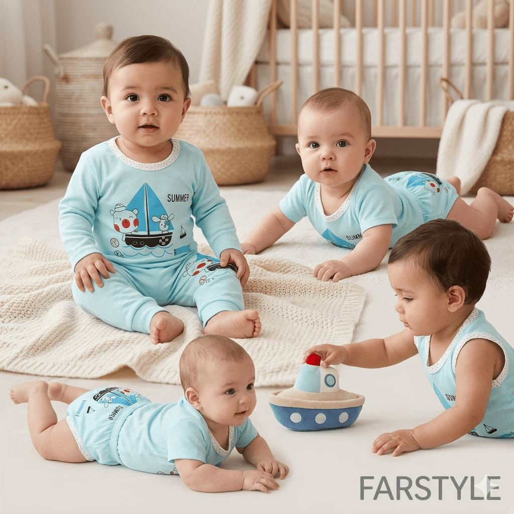 ست 5 تکه لباس نوزادی پسرانه و دخترانه راحتی طرح خرس قایقران مناسب 0 تا 9 ماهه