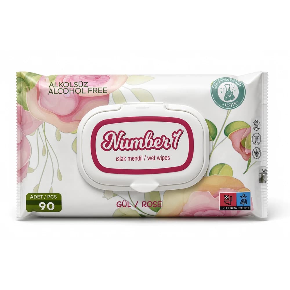 دستمال مرطوب Number 1 سفید گل رز 90 عددی پاک‌کننده ملایم