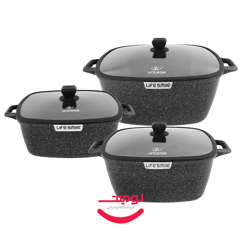 سرویس قابلمه مربعی ۶ پارچه گرانیتی لایف اسمایل مدل SPHM-S-3-BLACK با کف القایی و درب شیشه‌ای