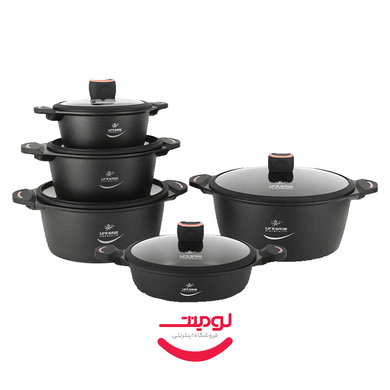 سرویس قابلمه ۱۰ پارچه تیتانیومی لایف اسمایل مدل LIFEP13N-10-BLACK با کف القایی و پوشش نچسب