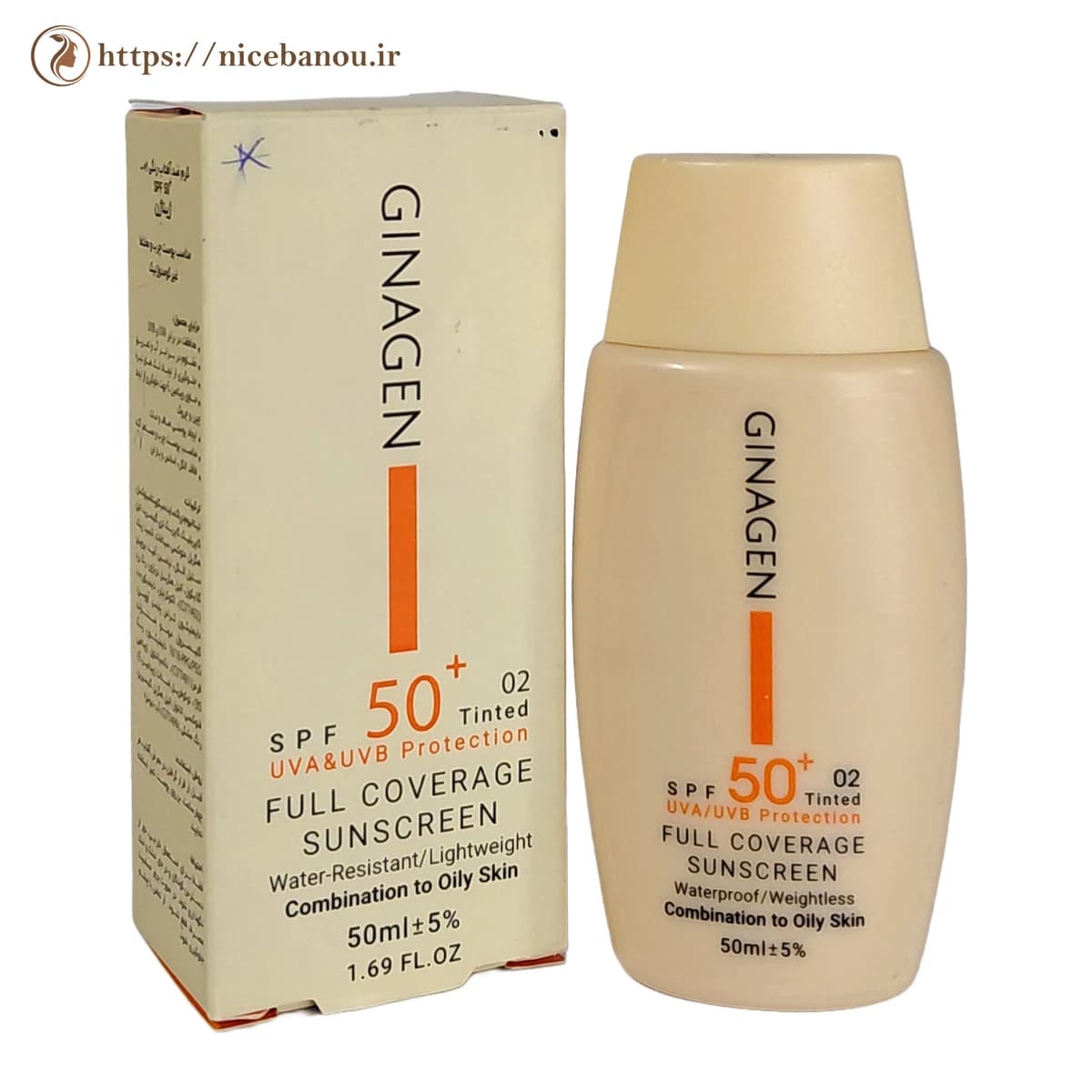 کرم ضد آفتاب رنگی ژیناژن SPF50+ پوست چرب و مختلط شماره ۰۲ حجم ۵۰ میلی‌لیتر
