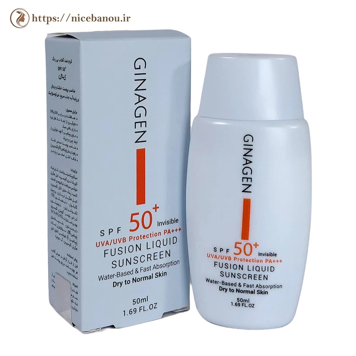 کرم ضد آفتاب بی‌رنگ ژیناژن فیوژن لیکوئید SPF50+ پوست خشک و نرمال ۵۰ میلی‌لیتر