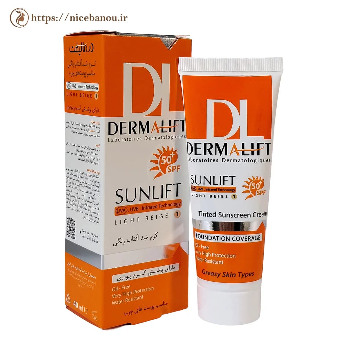 کرم ضد آفتاب رنگی سان لیفت درمالیفت SPF50+ پوست چرب بژ روشن شماره ۱ حجم ۴۰ میلی‌لیتر