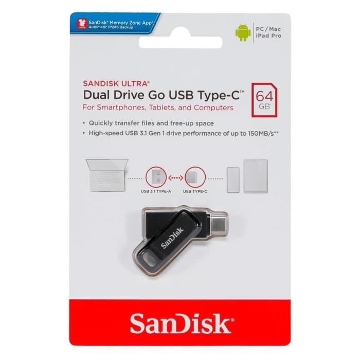 فلش مموری 64 گیگابایت دو طرفه سن دیسک مدل Ultra Dual Drive GO DDC3 USB TYPE-C