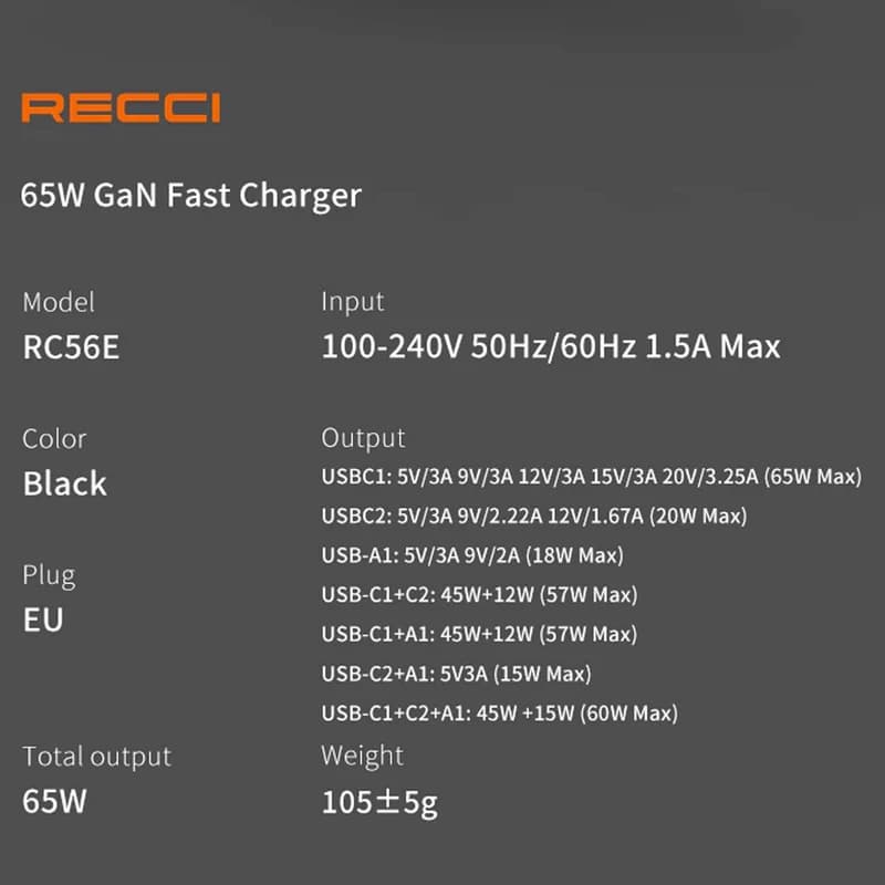 آداپتور رسی 65 وات Recci RC56E — تصویر ۹