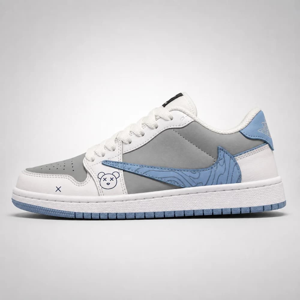کتونی مردانه و زنانه نایک ایر جردن 1 لو تراویس اسکات طوسی آبی | Travis Scott x Air Jordan 1 Low Blue gray